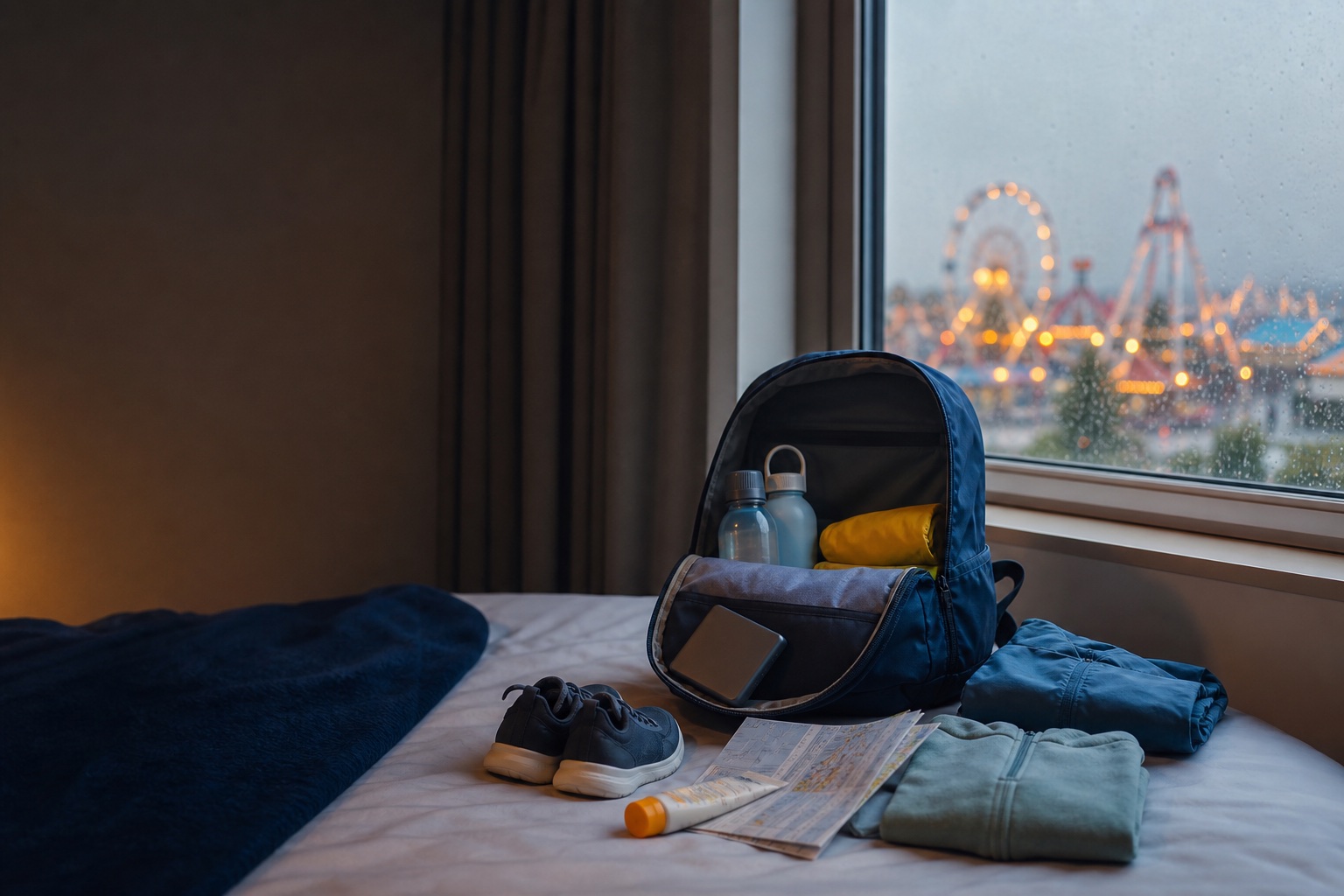 Mochila familiar con agua, batería, impermeables y calzado cómodo junto a un parque de atracciones europeo desenfocado