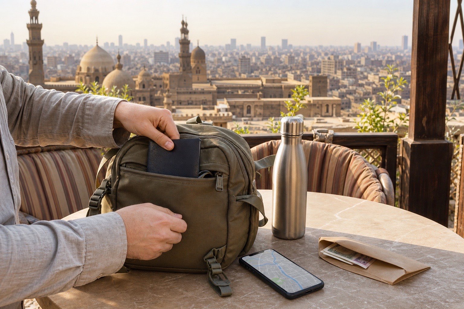 Viajero preparando mochila, agua, móvil y efectivo en una terraza de Cairo