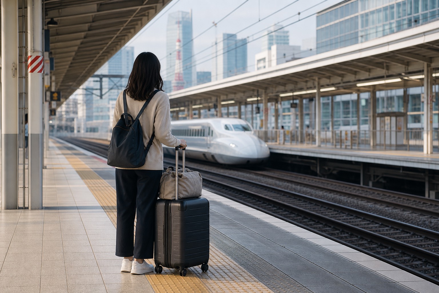 Viajera con una maleta compacta y mochila esperando un tren de alta velocidad en una estación de Japón