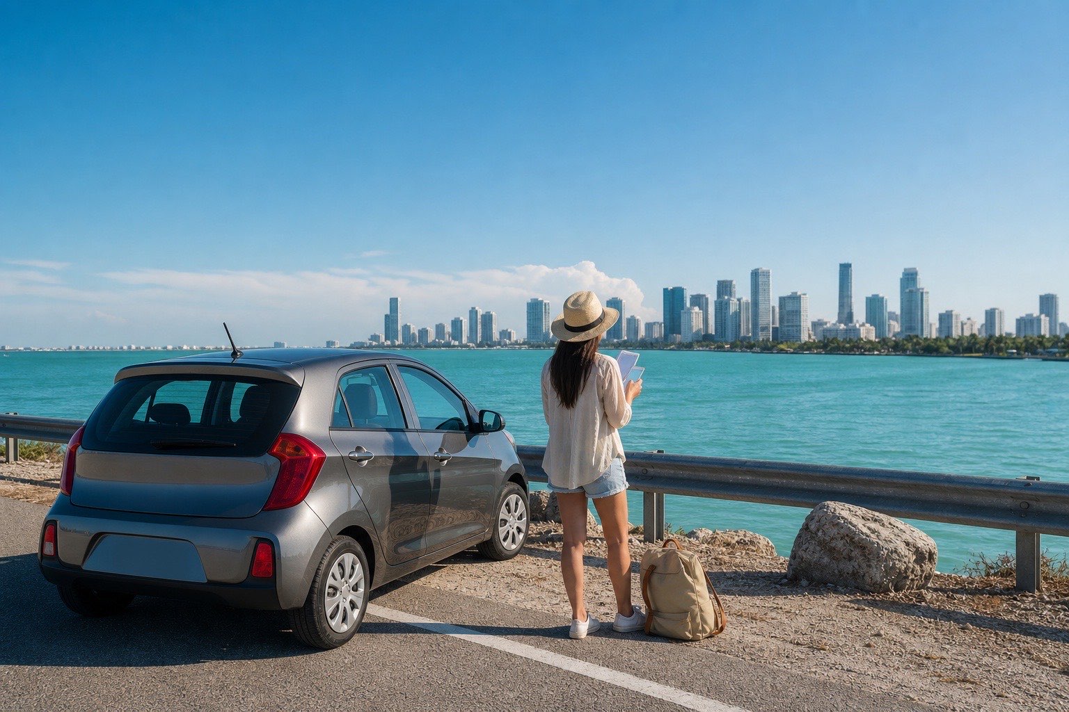 Viajera junto a un coche compacto consultando una ruta frente al mar y el skyline de Miami