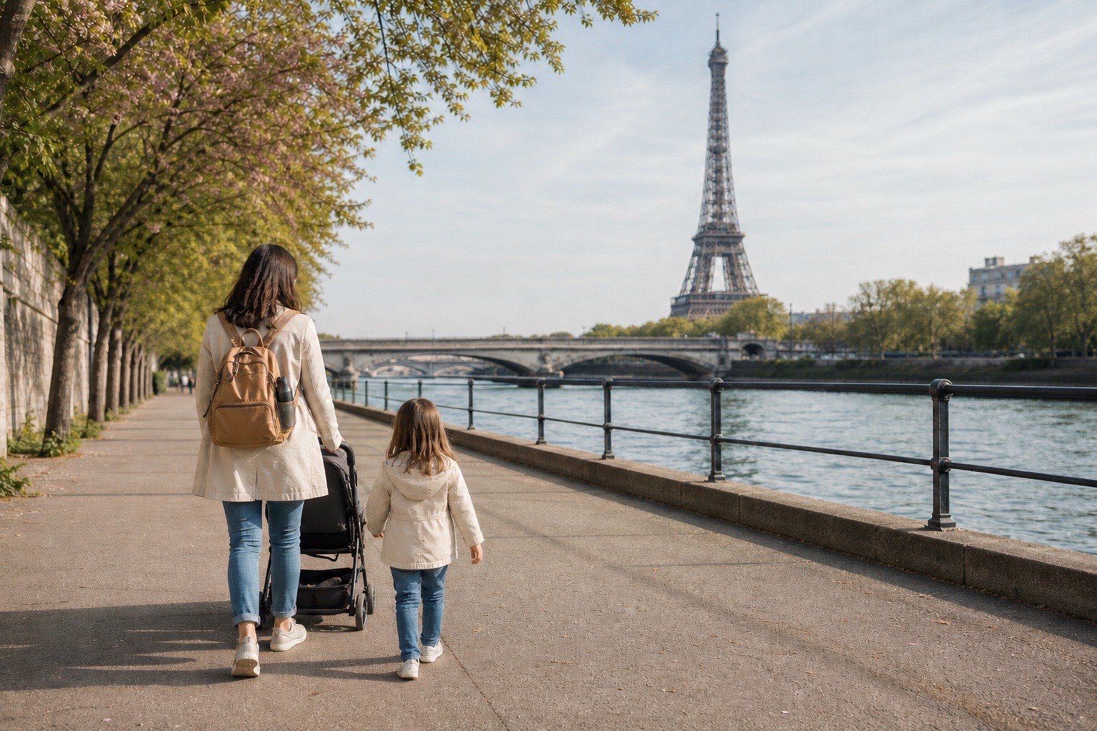 Madre con niña y carrito paseando junto al Sena con la Torre Eiffel al fondo
