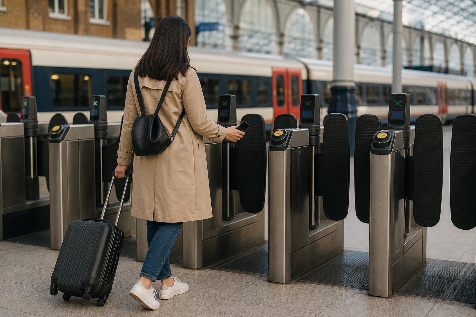 Viajera con maleta pequeña usando el pago contactless en una estación de Londres